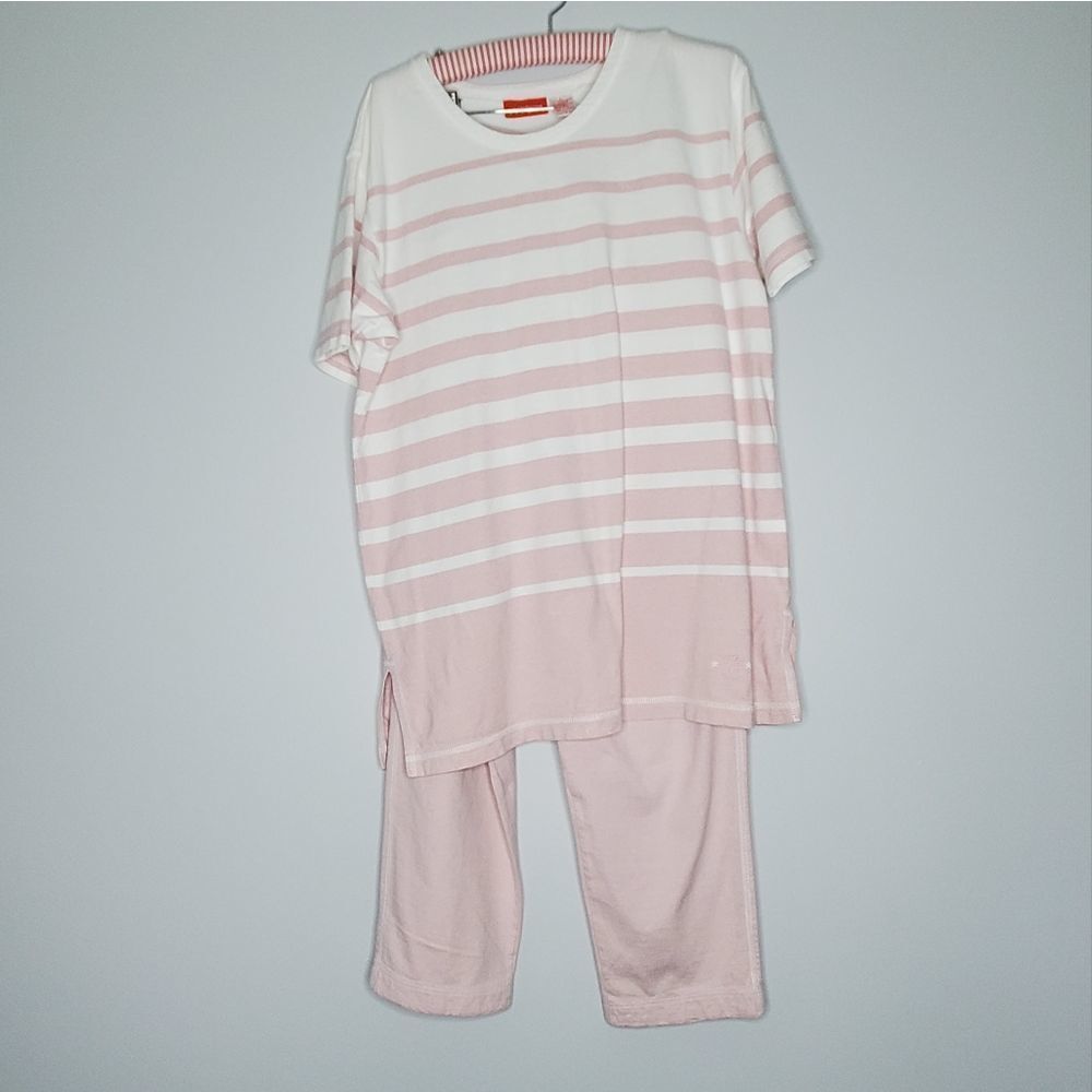 Pink White Striped T Shirt Sweat Pant Set Loungewear